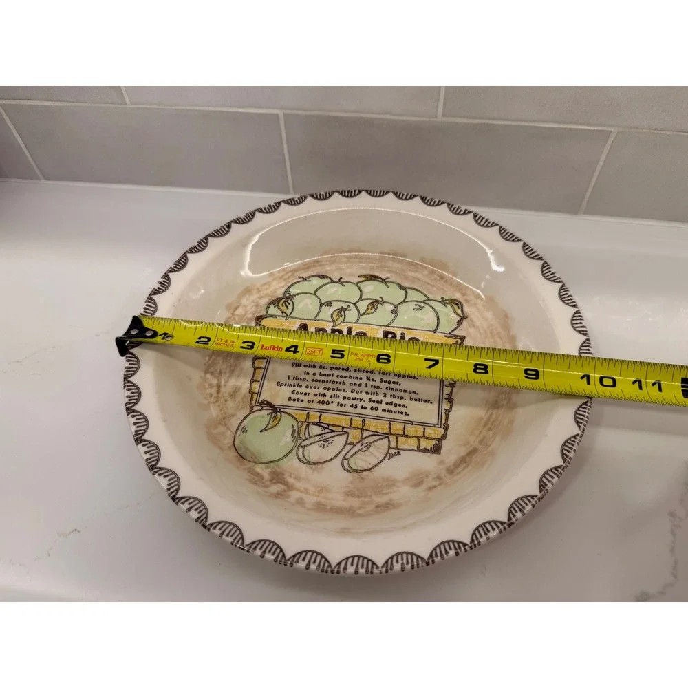 Vintage Ceramic Apple Pie Dish Recipe 10 Inch White Green Farmhouse Baking Pan